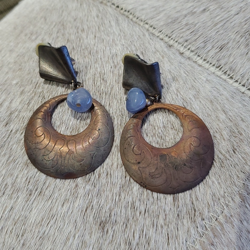 Vintage Clip On Earrings Copper Silver With Blue Beads Brutalist Earthy Gypsy